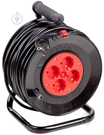 Удлинитель на катушке Леміра без заземления 4 гн. черный с красным 20 м У16-01 2х2,5 - фото 1 Удлинитель на катушке Леміра без заземления 4 гн. черный с красным 20 м У16-01 2х2,5 - фото 1