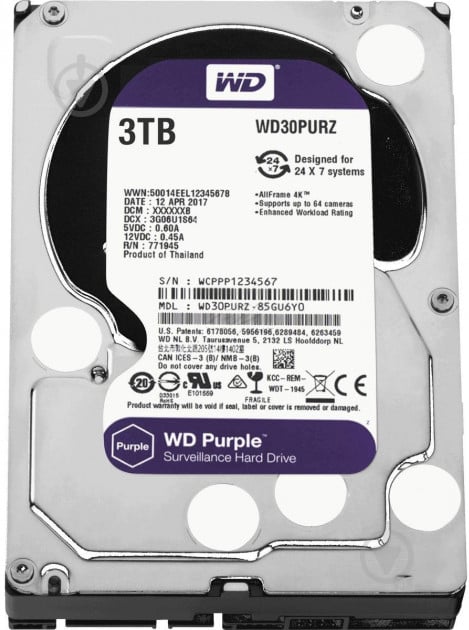 Жесткий диск 3 ТБ 3,5" SATA III (WD30PURZ) steel - фото 1