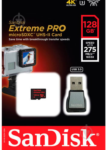 Карта пам'яті SanDisk microSDXC Extreme Pro 128GB + USB 3.0 reader (SDSQXPJ-128G-GN6M3) - фото 1