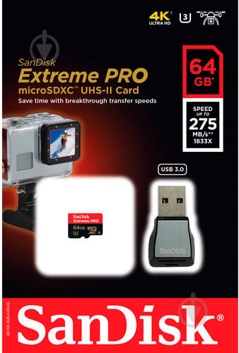 Карта памяти SanDisk microSDXC Extreme Pro 64GB + USB 3.0 reader (SDSQXPJ-064G-GN6M3) - фото 1