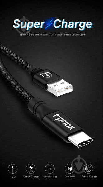 Кабель T-PHOX USB Type-C 1.2 м черный (T-C810 Black) Speed - фото 5