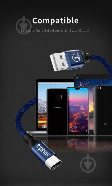 Кабель T-PHOX USB Type-C 1.2 м синий (T-C810 Blue) Speed - фото 3