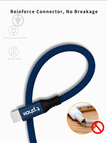 Кабель T-PHOX USB Type-C 1.2 м синий (T-C810 Blue) Speed - фото 2