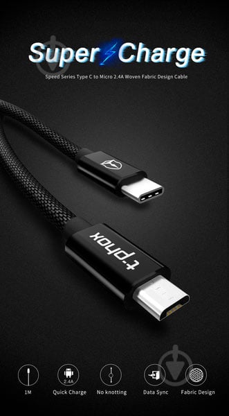 Кабель T-PHOX USB Type-C – microUSB 1 м черный (T-MC811 Black) Speed - фото 3