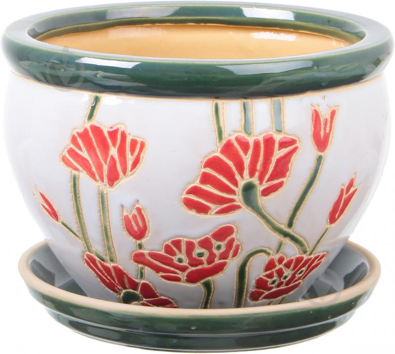 Горщик Viet Thanh Ceramic з блюдцем мак 23х16 см VT.11570-2 круглий білий із червоним - фото 1