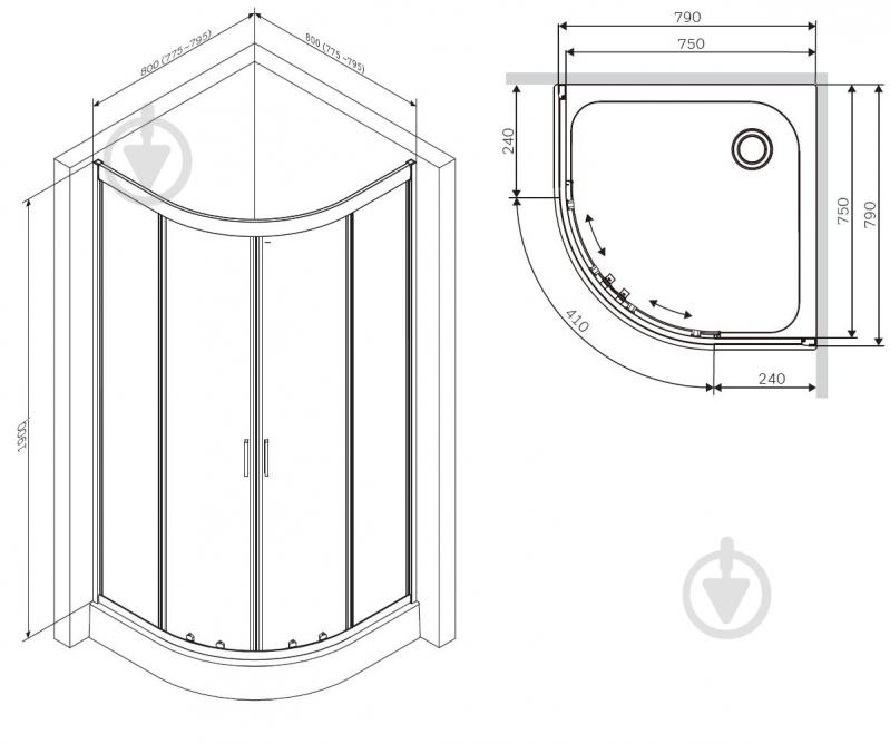 Душевое ограждение AM.PM Gem 1/4 Round 80x80 W90UG-401-080MT Black - фото 8