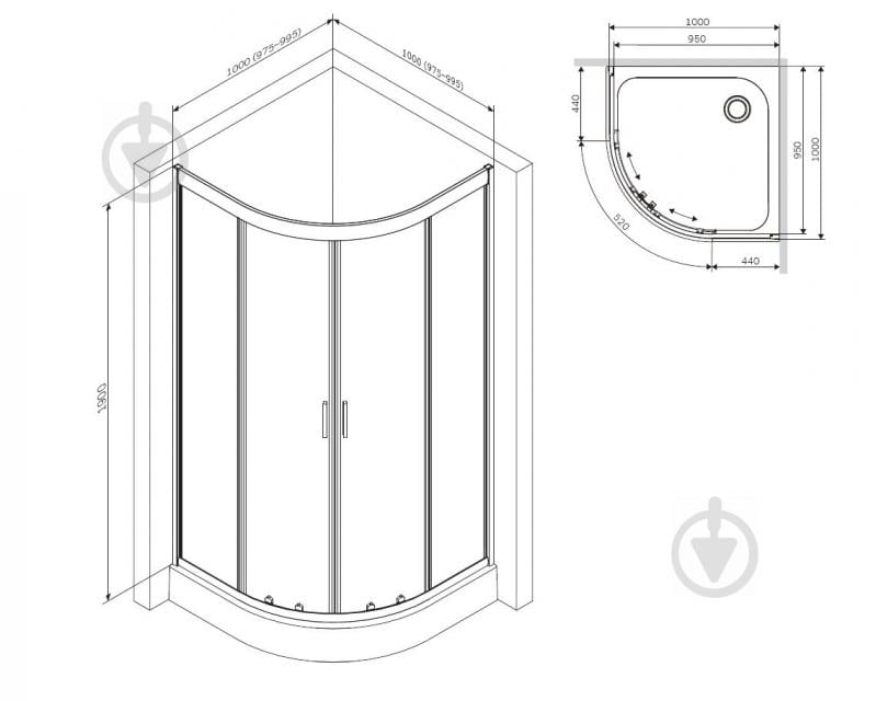 Душевое ограждение AM.PM Gem 1/4 Round 100x100 W90UG-401-100BT - фото 8