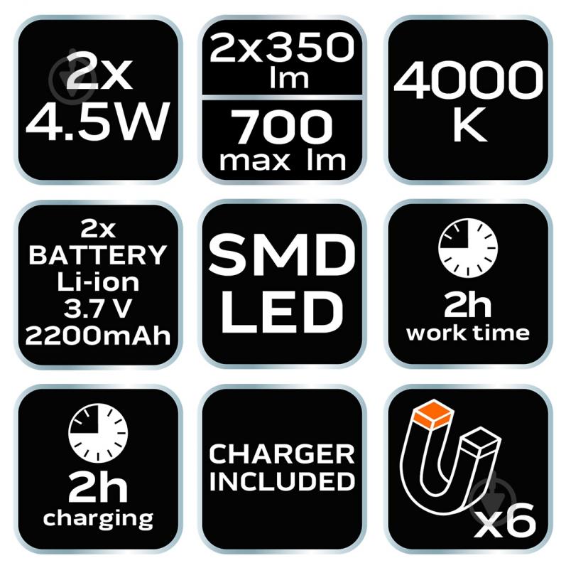 Фонарь NEO tools инспекционный 2х350 люмен, 2х45 Вт, USB, 2х2200 мАч, 3.7 Li-ion, SMD LED, 6 магнитов в подставке (99-047) 700 Lm черный 99-047 - фото 8