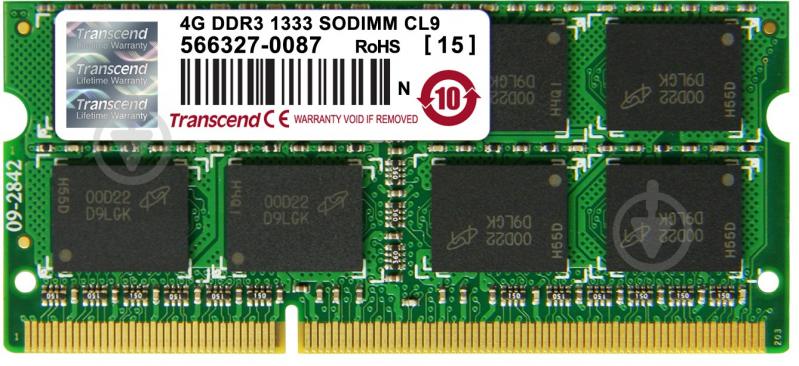 Оперативна пам'ять Transcend SODIMM DDR3 4 GB (1x4GB) 1333 MHz (JM1333KSN-4G) - фото 1