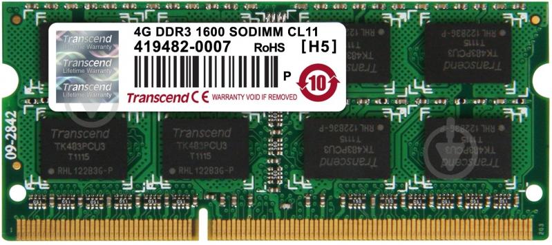 Оперативна пам'ять Transcend SODIMM DDR3 4 GB (1x4GB) 1600 MHz (JM1600KSN-4G) - фото 1