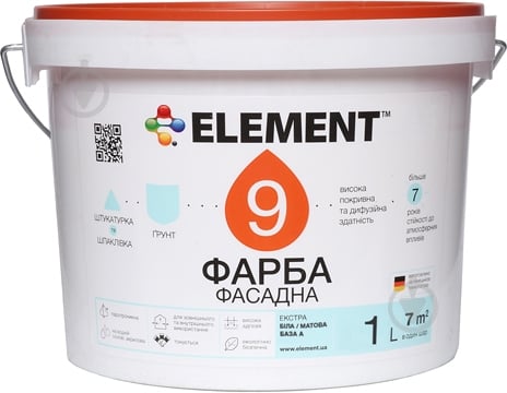 Краска акриловая водоэмульсионная Element 9 База А мат белый 1 л - фото 1