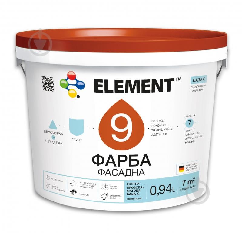 Краска акриловая водоэмульсионная Element 9 база С мат база под тонировку 0,94 л - фото 1