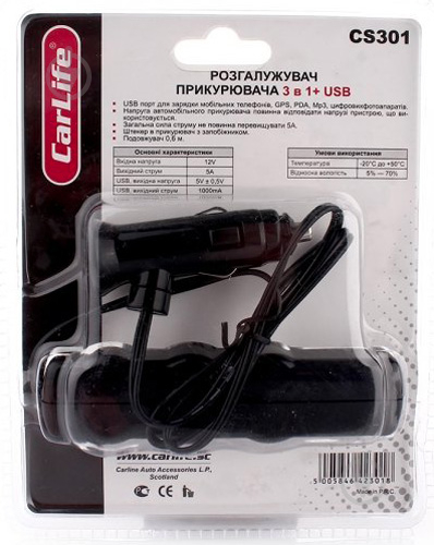 Разветвитель прикуривателя CarLife 3в1 + USB CS301 - фото 1