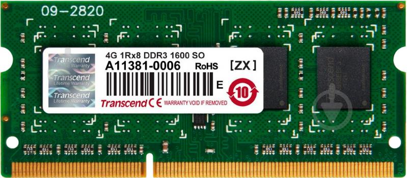 Оперативна пам'ять Transcend SODIMM DDR3 4 GB (1x4GB) 1600 MHz (JM1600KSH-4G) - фото 1