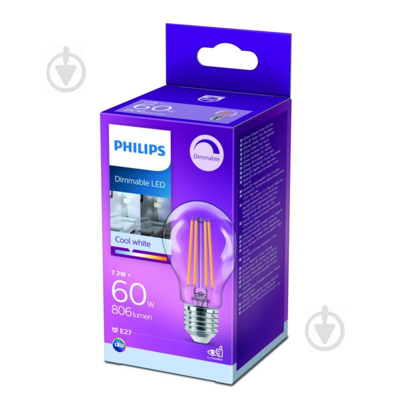 Лампа світлодіодна Philips FIL DIM A60 7,2 Вт E27 4000 К 220 В прозора 929002428566 - фото 1