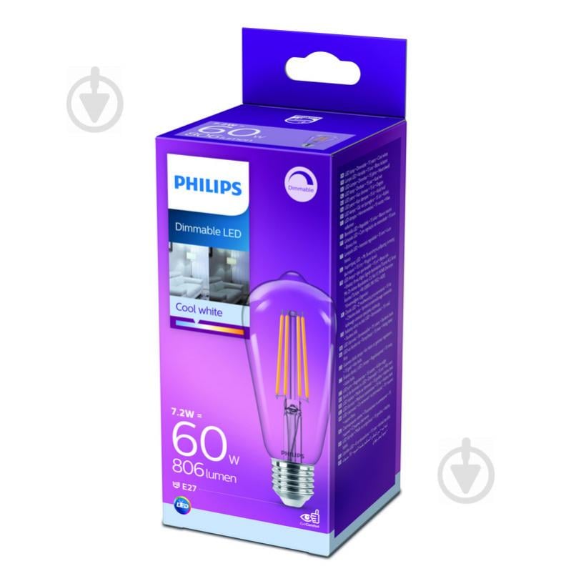 Лампа светодиодная Philips FIL DIM ST64 7,2 Вт E27 4000 К 220 В прозрачная 929002430066 - фото 1