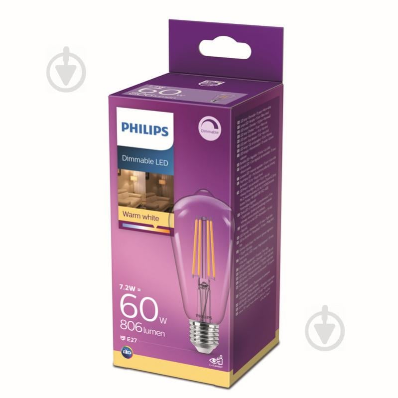 Лампа светодиодная Philips FIL DIM ST64 7,2 Вт E27 2700 К 220 В прозрачная 929002390866 - фото 1