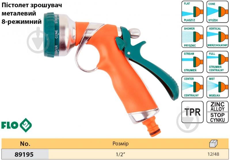 Пістолет-розпилювач Flo 8-режимний до шлангу d=1/2" (89195) - фото 3