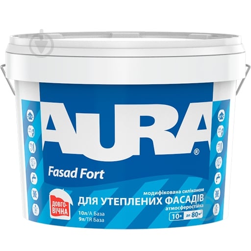 Фарба акрилатна водоемульсійна силікономодифікована Aura® Fasad Fort мат білий 10 л - фото 1 Фарба акрилатна водоемульсійна силікономодифікована Aura® Fasad Fort мат білий 10 л - фото 1