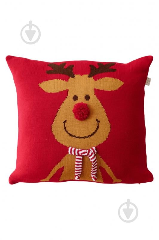 Подушка декоративна в'язана Олень з шарфом 45x45 см червона Прованс - фото 1 Подушка декоративна в'язана Олень з шарфом 45x45 см червона Прованс - фото 1