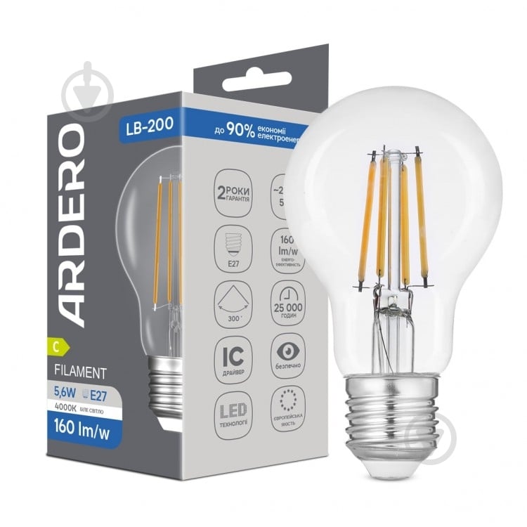 Лампа светодиодная ARDERO FILAMENT A60 5,4 Вт E27 4000 К прозрачная 80843 - фото 1 Лампа светодиодная ARDERO FILAMENT A60 5,4 Вт E27 4000 К прозрачная 80843 - фото 1