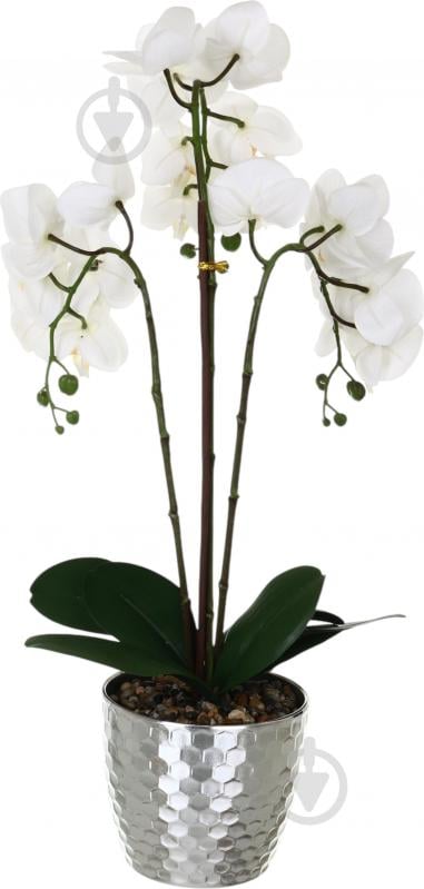 Цветок искусственный Орхидея Real Touch белая с желтой сердцевиной в горшочке 62см - фото 3