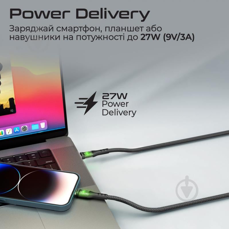 Кабель Promate TransLine-Ci USB-C to Lightning 27W Power Delivery 1,2 м черный (transline-ci.black) - фото 2