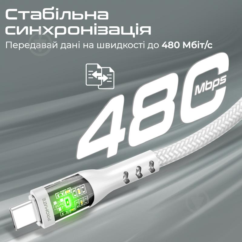 Кабель Promate TransLine-CC USB-C to USB-C 60W Power Delivery 1,2 м белый (transline-cc.white) - фото 3