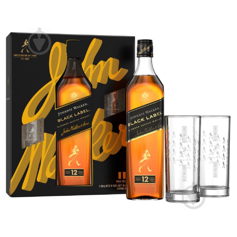 Віскі Johnnie Walker Black label 12 років витримки з 2-ма склянками 0,7 л - фото 1