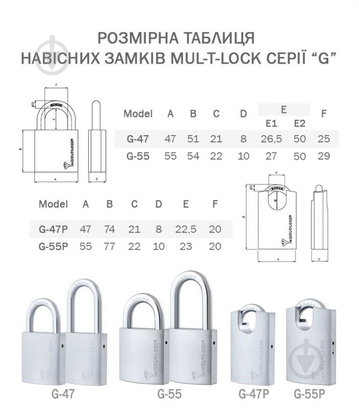 Замок навесной Mul-T-Lock G47P Integrator 2KEY 22,5x8 мм открытый (амбарный) - фото 5