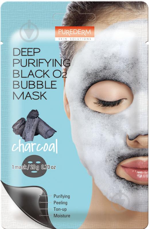 Маска-пенка Purederm Deep Purifying Black O2 Bubble Mask Charcoal 20 г 1 шт. - фото 1