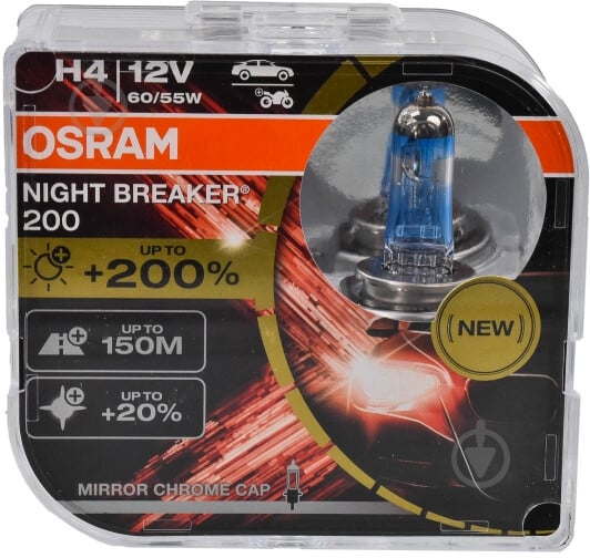 Автолампа галогенна Osram P43T NIGHT BREAKER 200 H4 60/55 Вт 2 шт.(OS 64193 NB200-HCB) - фото 2