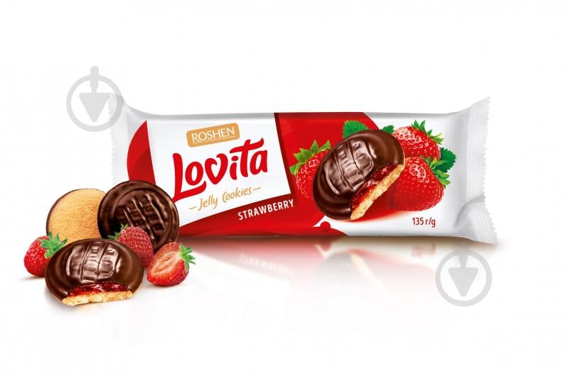 Печиво Roshen Lovita Jelly Cookies з желейною начинкою зі смаком полуниці 135 г - фото 1