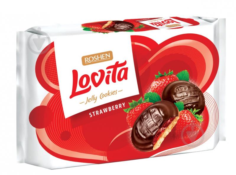 Печиво Roshen Lovita Jelly Cookies з желейною начинкою зі смаком полуниці 425 г - фото 1