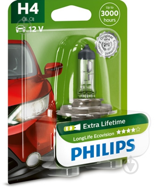 Автолампа галогенна Philips P43t-38 LongerLife Ecovision H4 60/55 Вт 1 шт.(PS 12342 LLECO B1) - фото 2