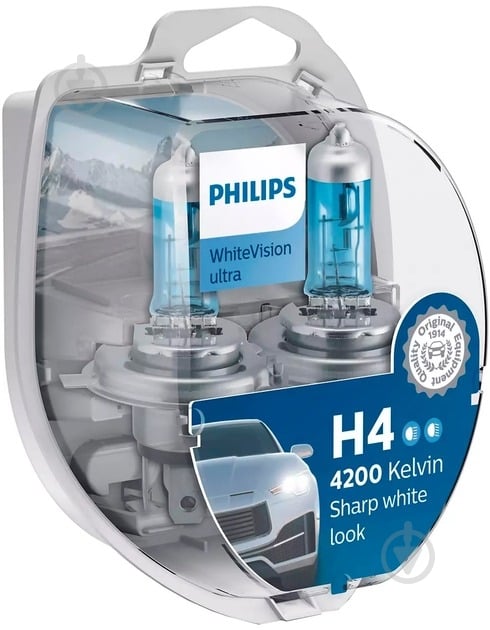 Автолампа галогенная Philips P43t-38 WhiteVision ultra +60% H4 60/55 Вт 2 шт.(PS 12342 WVU SM) - фото 1