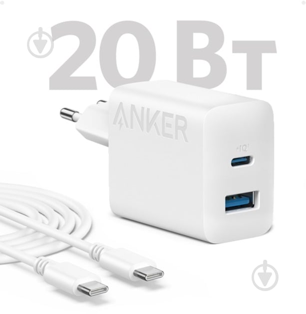 Зарядное устройство Anker PowerPort 312 20W USB-C USB-A + кабель USB-C White (B2348G21) - фото 2