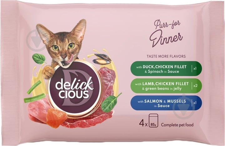 Корм вологий для котів DELICKCIOUS з курячим філе у шпинатному соусі 300 г - фото 1 Корм вологий для котів DELICKCIOUS з курячим філе у шпинатному соусі 300 г - фото 1