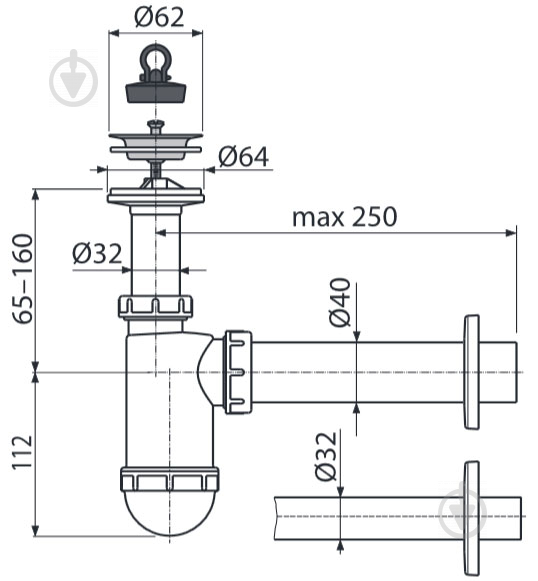Сифон для умывальника Alca Plast d32 из нерж. решеткой d63 - фото 4
