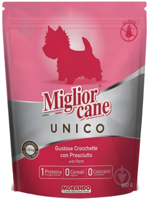 Корм для всех пород Morando MigliorCane Unico only Ham для взрослых собак мелких пород, с прошутто 800 г 800 г - фото 1