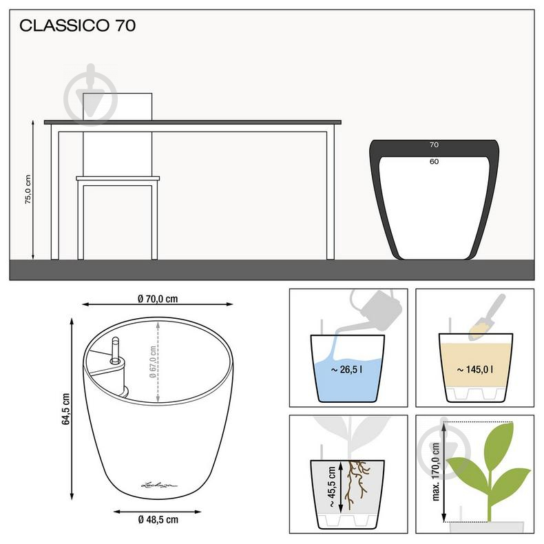 Вазон пластиковий Lechuza Classico Premium 70 (14600) круглий 145 л білий - фото 4
