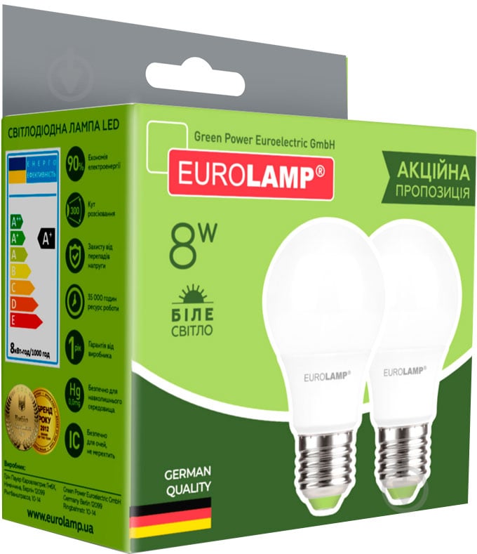 Лампа светодиодная Eurolamp MLP-LED-A60-08274(E) 2 шт./уп. 8 Вт A60 матовая E27 220 В 4000 К - фото 3