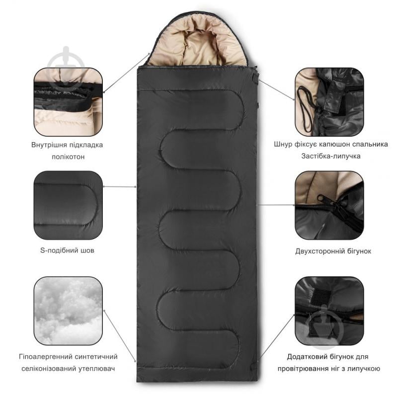 Спальный мешок GF Champion c капюшоном Humble (min +5°C /комфорт +15°C / max +22°C) серый - фото 2