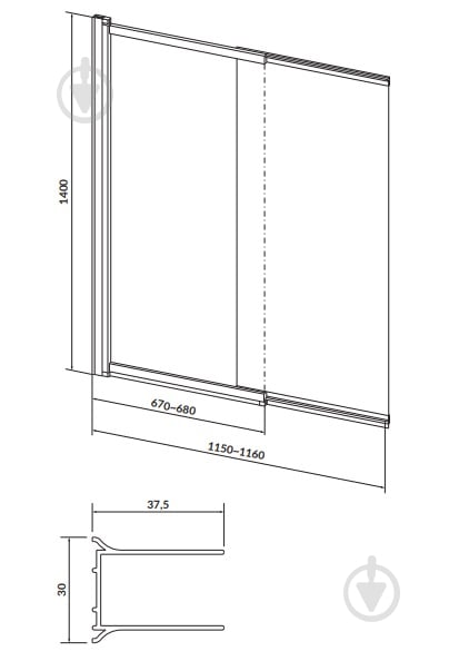 Шторка для ванни Cersanit двостулкова Larga 140х115 хромований профіль - фото 2