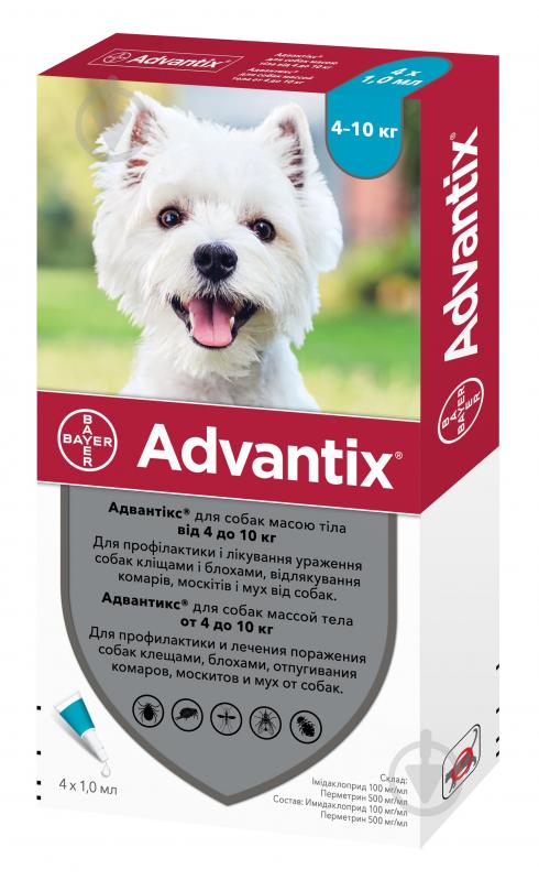 Капли Bayer от блох и клещей для собак Advantix от 4-10 кг 91008/10272(за 1 п-тку, 4 в уп.) шт. 4 мл - фото 1