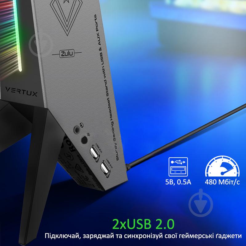 USB-хаб Vertux USB хаб Zulu 2xUSB 2.0/AUX 3.5 мм з підставкою для навушників Black - фото 3