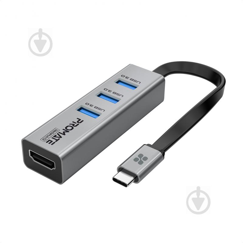 USB-хаб Promate USB-C хаб 4-в-1 MediaHub-C3 HDMI/3xUSB 3.0 Grey - фото 1