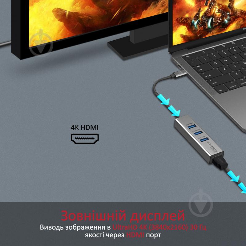 USB-хаб Promate USB-C хаб 4-в-1 MediaHub-C3 HDMI/3xUSB 3.0 Grey - фото 2