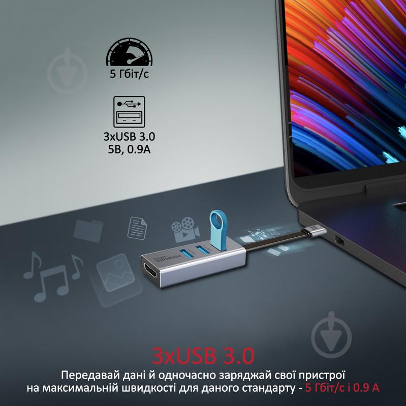 USB-хаб Promate USB-C хаб 4-в-1 MediaHub-C3 HDMI/3xUSB 3.0 Grey - фото 3