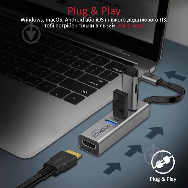 USB-хаб Promate USB-C хаб 4-в-1 MediaHub-C3 HDMI/3xUSB 3.0 Grey - фото 4